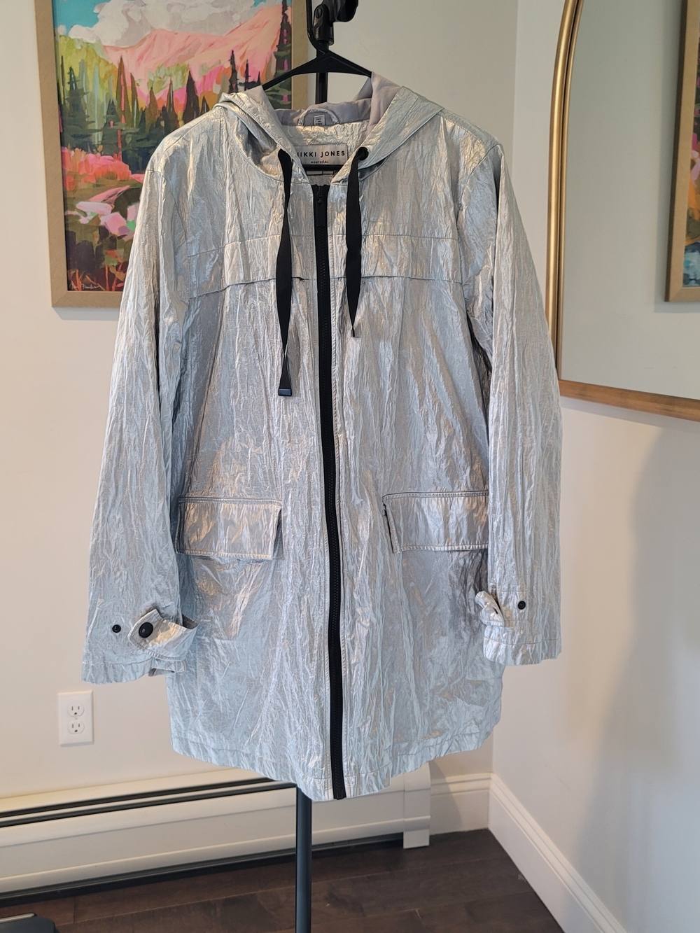 NIKKI JONES Montreal Metallic Silver Trench Coat Hood Black Trim Women's Size XL